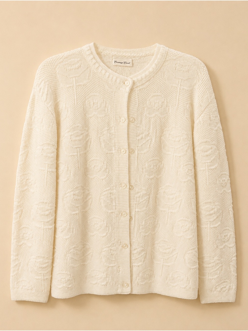 Cream Textured Floral Knit Cardigan